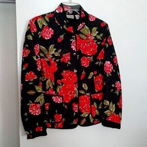 🌹 Kim Rogers Quilted Jacket – Petite M – Black Rose Floral